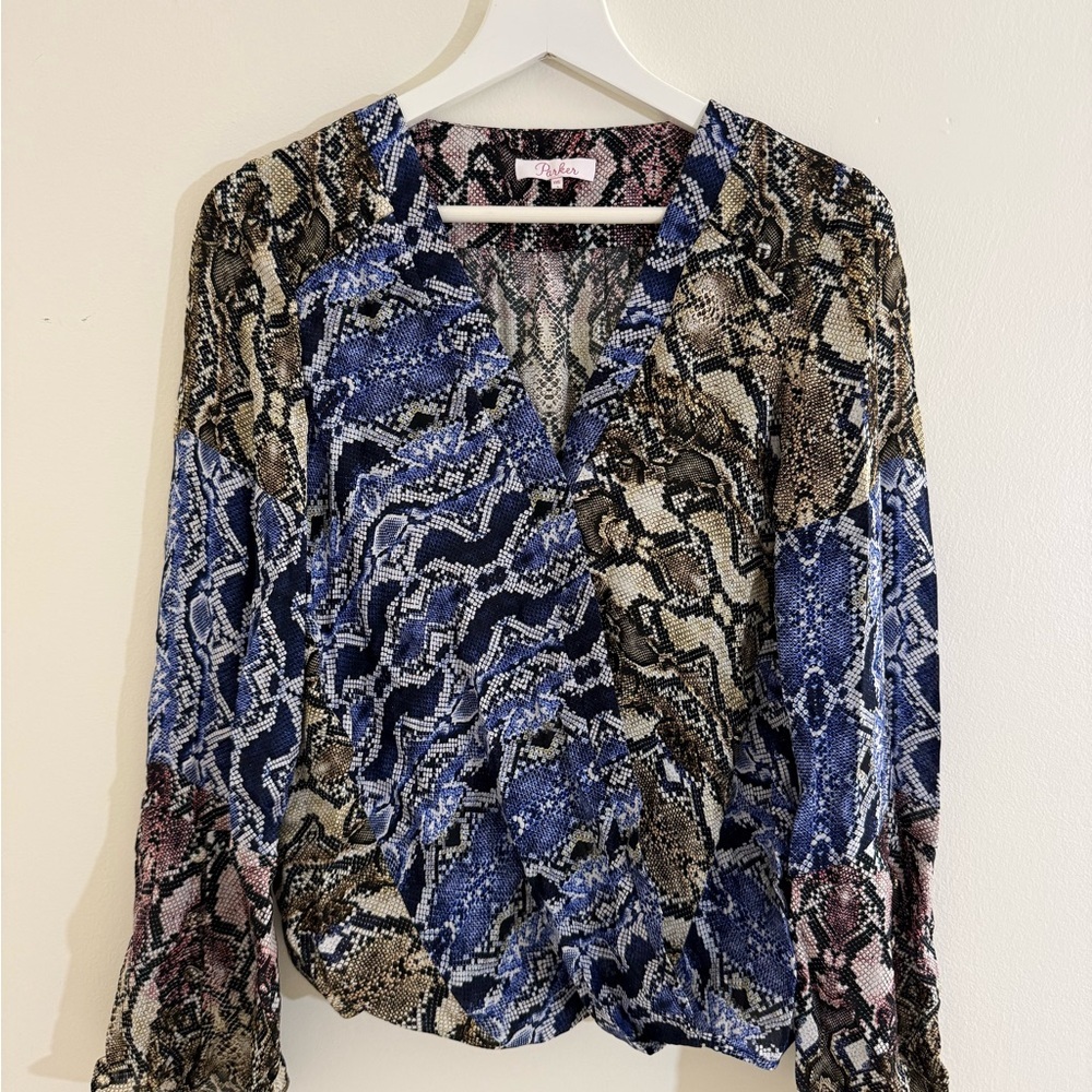 Parker Size XX-Small Blue and Brown Patterned Blouse
